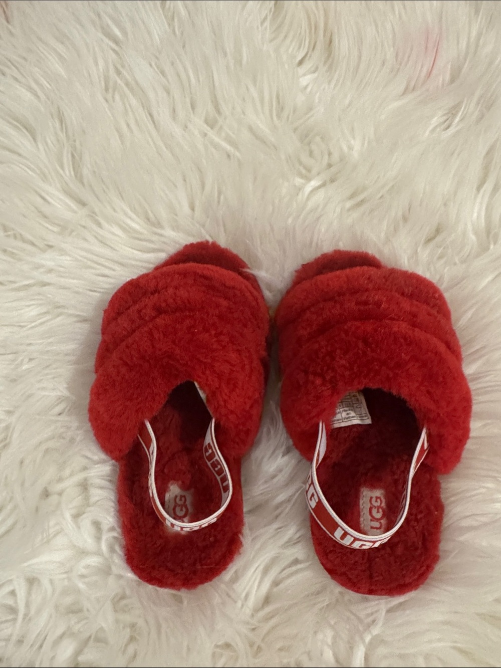 UGG Kids Red Plush Slide Sandals with Branded Heel Strap